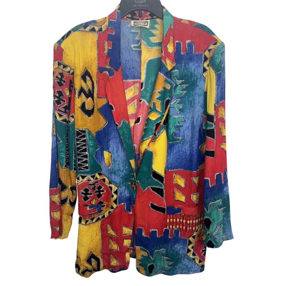 Rare Vtg 80s Abstract Art Blazer Bold Tribal Print Beaded Fringe Wearable Art